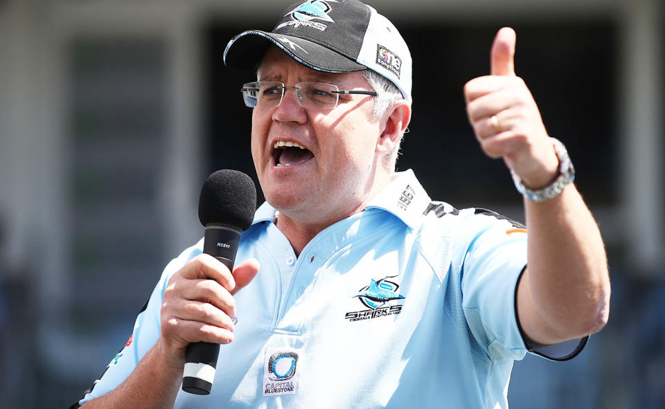 Scott Morrison speaks during a celebration for the Cronulla Sharks' NRL premiership in 2016.