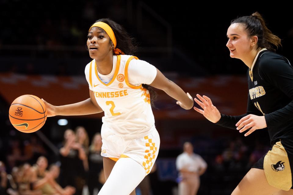 Tennessee forward Rickea Jackson (2) drives down the court during a basketball game between the Lady Vols and Wofford held at at Thompson-Boling Arena at Food City Center on Tuesday, Dec. 19, 2023.