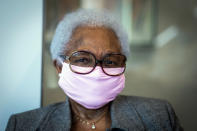 Billye Suber Aaron, civic leader, television personality and wife of Baseball Hall of Famer Hank Aaron, sits for a portrait after receiving her COVID-19 vaccination on Tuesday, Jan. 5, 2021, at the Morehouse School of Medicine in Atlanta. Aaron and others received their vaccinations in an effort to highlight the importance of getting vaccinated for Black Americans who might be hesitant to do so. (AP Photo/Ron Harris)