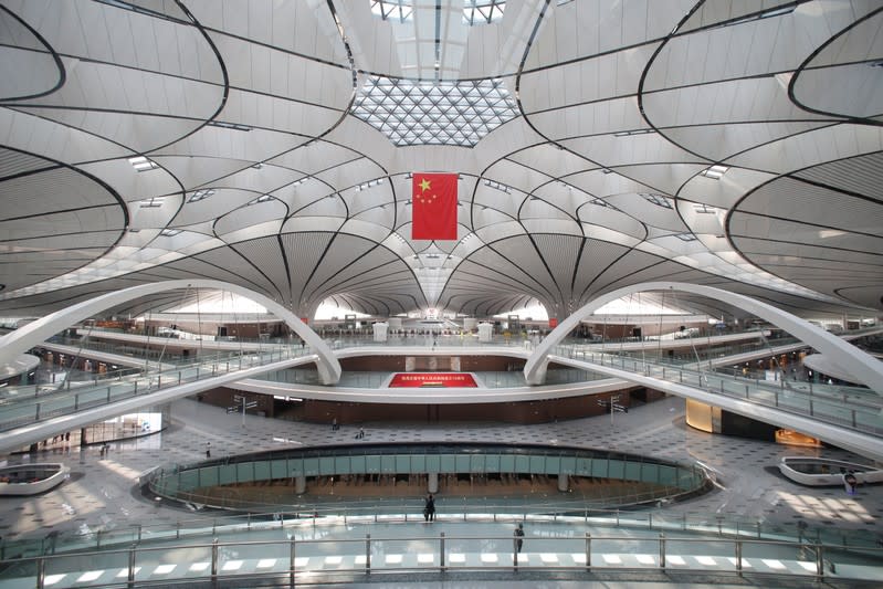 An inner view of the terminal hall of the newly launched Daxing International Airport on the outskirts of Beijing