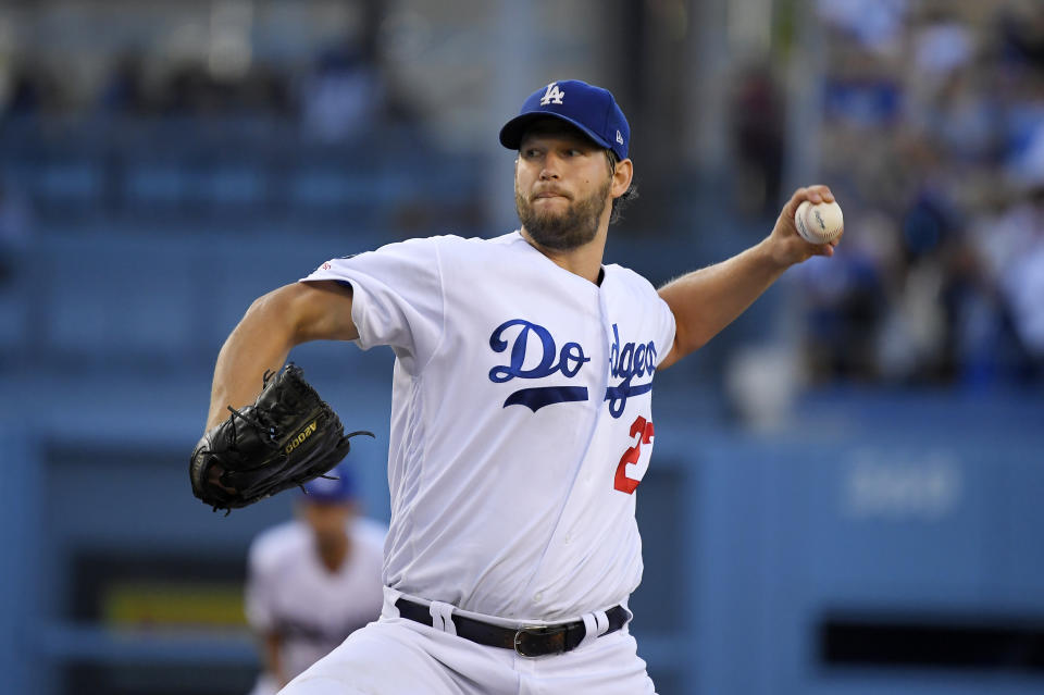 Los Angeles Dodgers starting pitcher Clayton Kershaw throws during the first inning of the team's baseball game against the San Diego Padres on Thursday, Aug. 1, 2019, in Los Angeles. (AP Photo/Mark J. Terrill)