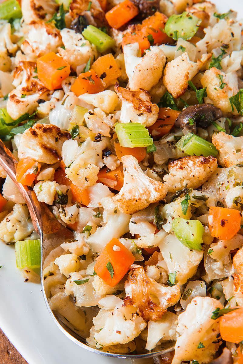 <p>How genius is swapping the bread for cauliflower?!</p><p>Get the <a href="https://www.delish.com/uk/cooking/recipes/a29695937/cauliflower-stuffing-recipe/" rel="nofollow noopener" target="_blank" data-ylk="slk:Cauliflower Stuffing;elm:context_link;itc:0;sec:content-canvas" class="link ">Cauliflower Stuffing</a> recipe.</p>