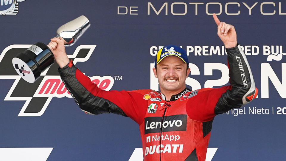 Seen here, Jack Miller holds the trophy aloft after winning the Spanish GP.