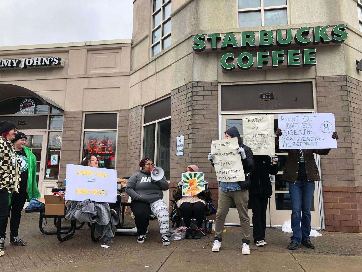 Workers at a Starbucks coffee shop in Louisville's Highlands neighborhood participated in a national strike on Wednesday. March 22, 2023