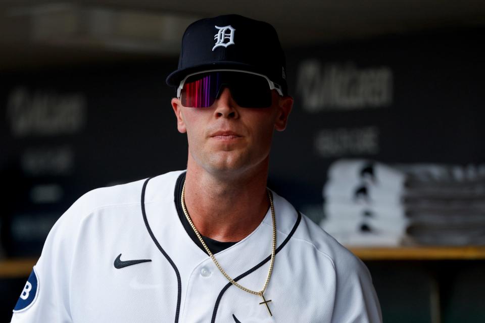 Tigers designated hitter Kerry Carpenter in the dugout during the second inning on Wednesday, Aug. 24, 2022, at Comerica Park.