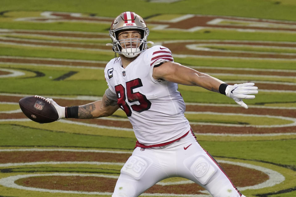 San Francisco 49ers tight end George Kittle (85) celebrates after scoring against the Los Angeles Rams. (AP Photo/Tony Avelar)