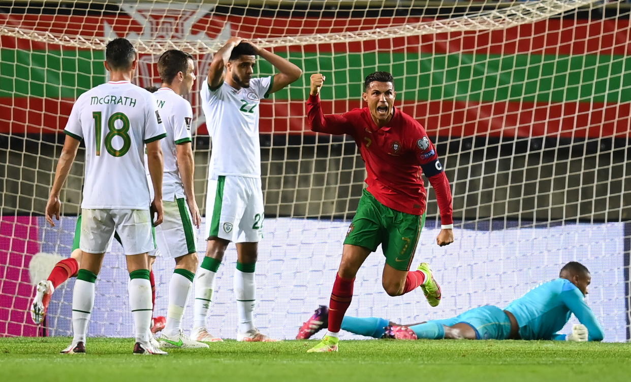 Cristiano Ronaldo of Portugal celebrates after scoring his side's first goal.