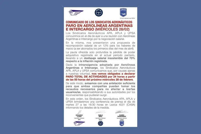 Comunicado de los Sindicatos Aeronáuticos sobre la medida de fuerza que se llevará a cabo el miércoles 28 de febrero