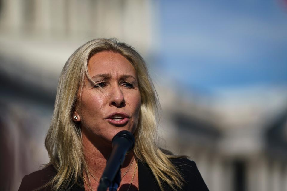 <p>Majorie Taylor Greene launches anti-vaxxer rant on Steve Bannon’s podcast</p> (Getty Images)