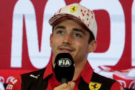 Ferrari driver Charles Leclerc of Monaco answers to reporters during a news conference at the Monaco racetrack, in Monaco, Thursday, May 25, 2023. The Formula one race will be held on Sunday. (AP Photo/Luca Bruno)