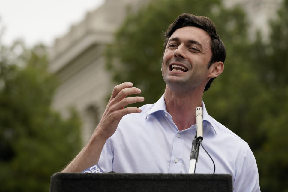 FILE - In this Oct. 26, 2020, file photo, Democratic candidate for U.S. Senate Jon Ossoff speaks at a campaign event at the University of Georgia in Athens, Ga. (AP Photo/John Bazemore, File)