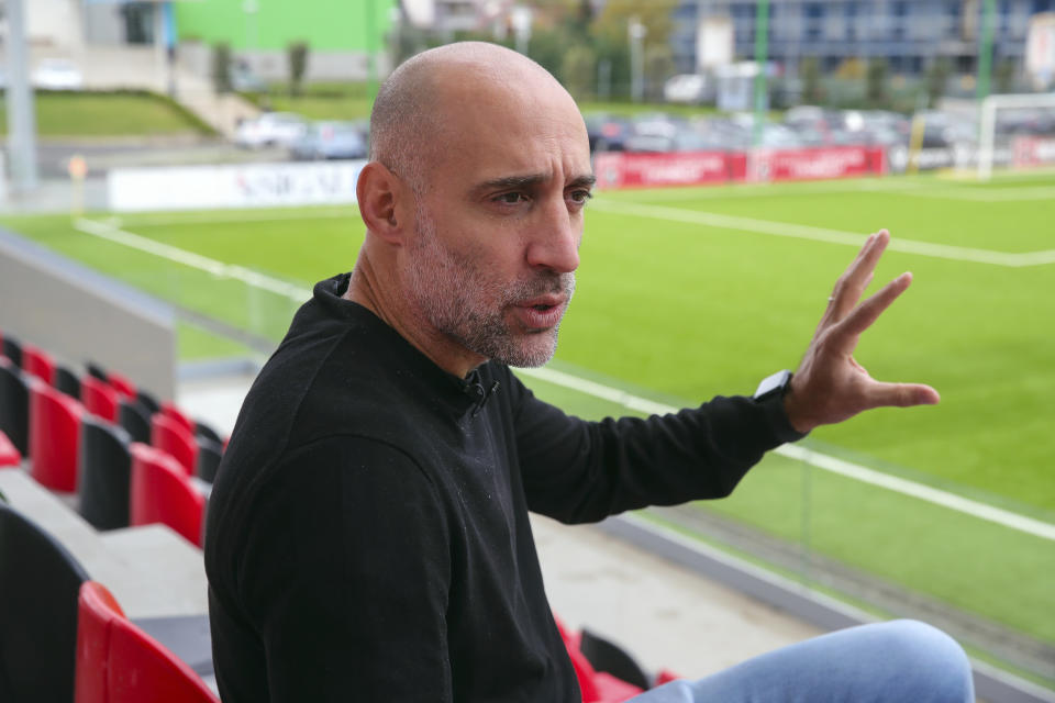 Albania's assistant coach Pablo Zabaleta of Argentina speaks during an interview with the Associated Press in Tirana, Albania, Wednesday, Nov. 22, 2022. Taking it into the Euro 2024 finals was a dream come true for Albania's Latin coaches. Their next challenge is "a good play" at the finals in Germany and turning it into strong team. (AP Photo/Armando Babani)