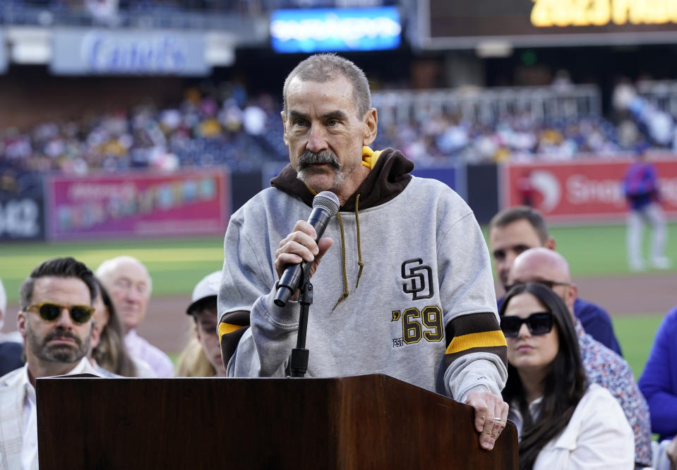 FILE - San Diego Padres owner Peter Seidler speaks during induction ceremonies for the Padres Hall of Fame before a baseball game against the Texas Rangers, Friday, July 28, 2023, in San Diego. Seidler, who spent hundreds of millions of dollars trying to bring a long-elusive World Series championship to San Diego, died on Tuesday, the team announced. He was 63. (AP Photo/Gregory Bull, File)