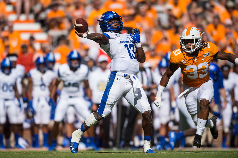 Georgia State Panthers quarterback Dan Ellington combined for three touchdowns in a season-opening upset win over Tennessee. (Photo by Bryan Lynn/Icon Sportswire via Getty Images)