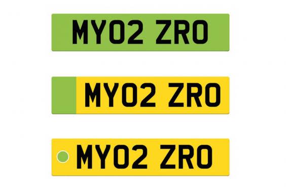 Three proposed designs for the new green number plates (DfT)