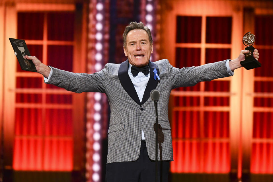 FILE - Bryan Cranston accepts the award for best performance by an actor in a leading role in a play for "Network" at the 73rd annual Tony Awards on June 9, 2019, at in New York. Cranston turns 65 on March 7. (Photo by Charles Sykes/Invision/AP, File)