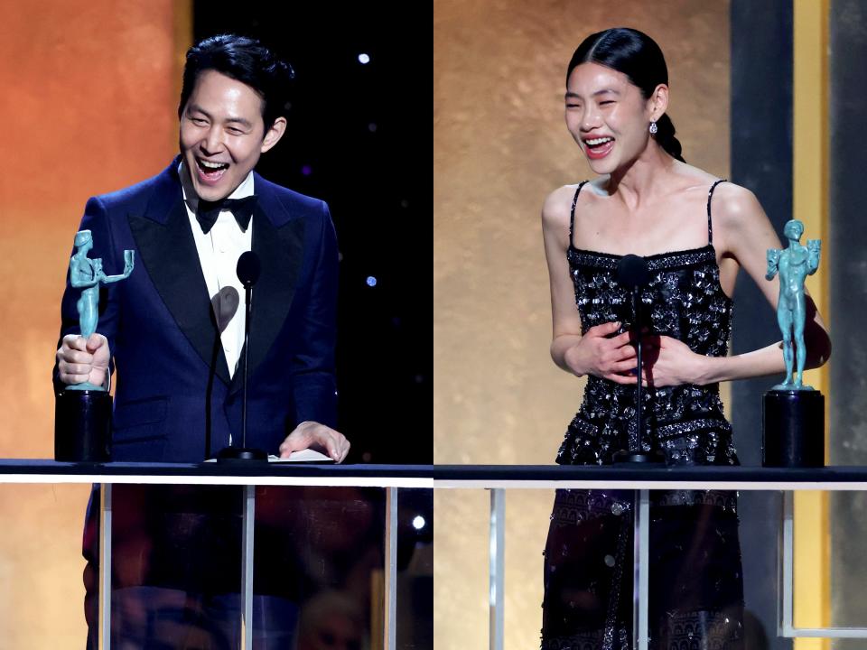 Lee Jung-jae and HoYeon Jung accepting wins for Squid Game during the show at the 28th Screen Actors Guild Awards at