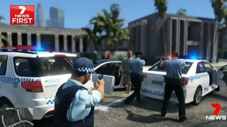 The game also shows NSW Police officers in violent confrontations with offenders. Source: 7 News