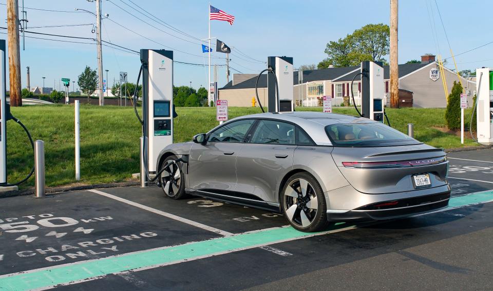 The Lucid Air Grand Touring Performance at an Electrify America fast charger.