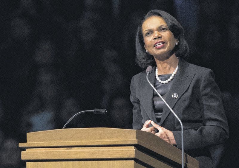 Former U.S. Secretary of State Condoleezza Rice in a file photo speaking at the memorial service for the late Rev. Theodore M. Hesburgh at the University of Notre Dame in March 2015. Tribune photo/ROBERT FRANKLIN