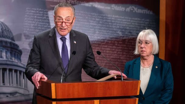 PHOTO: In this March 9, 2023, file photo, Senate Majority Leader Chuck Schumer, with Sen. Patty Murray, delivers remarks during a press conference in the US Capitol in Washington, D.C. (Shawn Thew/EPA via Shutterstock, FILE)