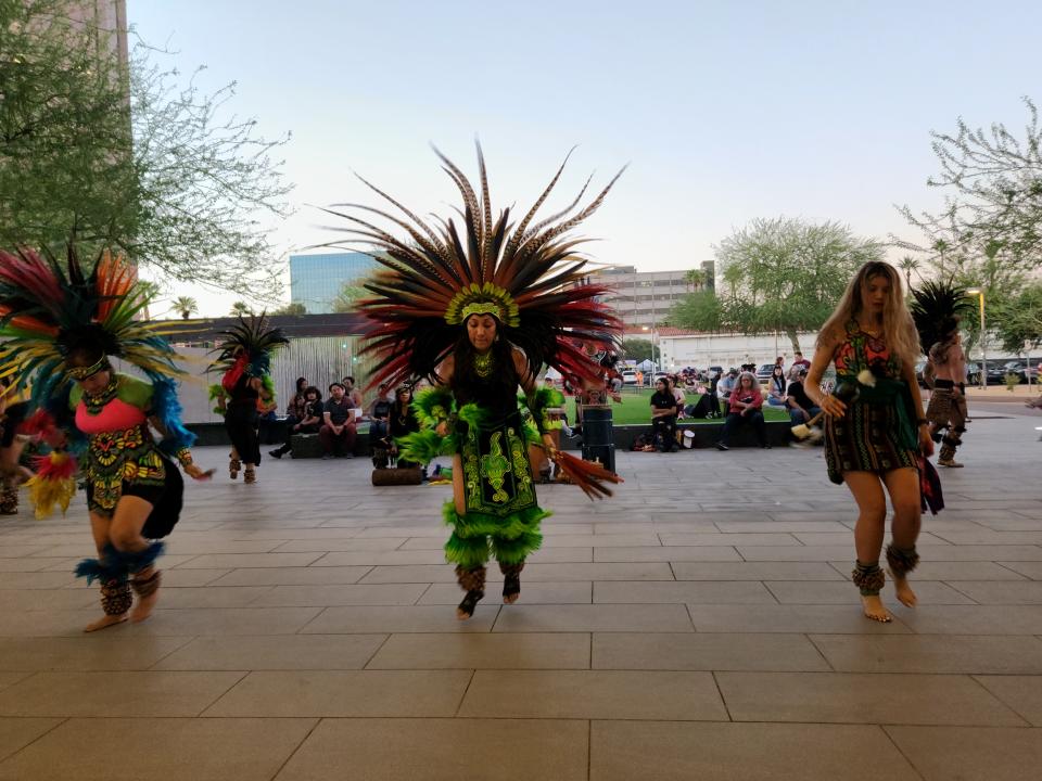 Grupo Coatlicue, an Aztec dance group participating in an agricultural ritual. From left to right: Norma Gonzalez, Rebecca Ybarra, Diane Ovalle