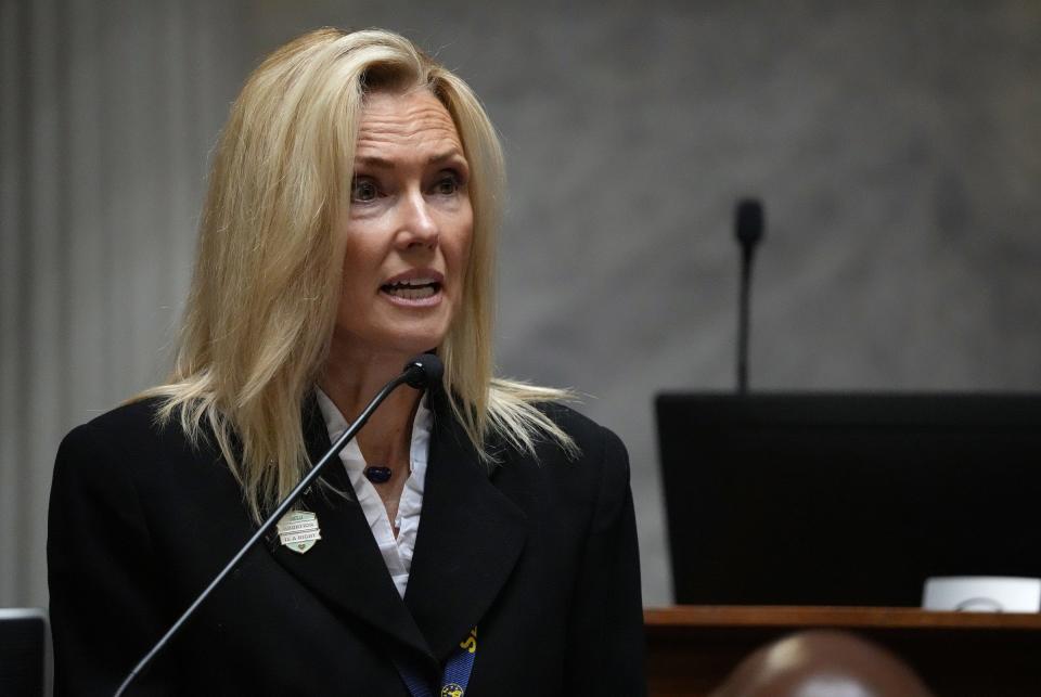 Sen. Shelli Yoder questions Sen. Sue Glick about Senate Bill 1, which would ban most abortions in the state, at the start of special session Saturday, July 30, 2022, at the Indiana Statehouse in Indianapolis. 