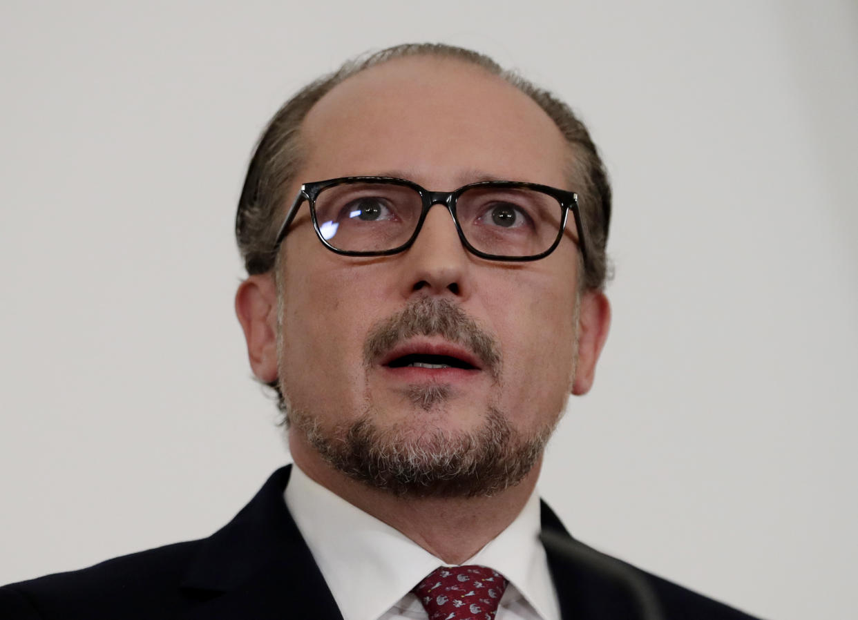 FILE - Austrian Chancellor Alexander Schallenberg addresses the media in the Federal Chancellery in Vienna, Austria, Oct. 11, 2021. The Austrian government ordered a nationwide lockdown for unvaccinated people starting midnight Sunday, Nov. 14, 2021, to slow the fast spread of the coronavirus in the country. (AP Photo/Lisa Leutner, File)