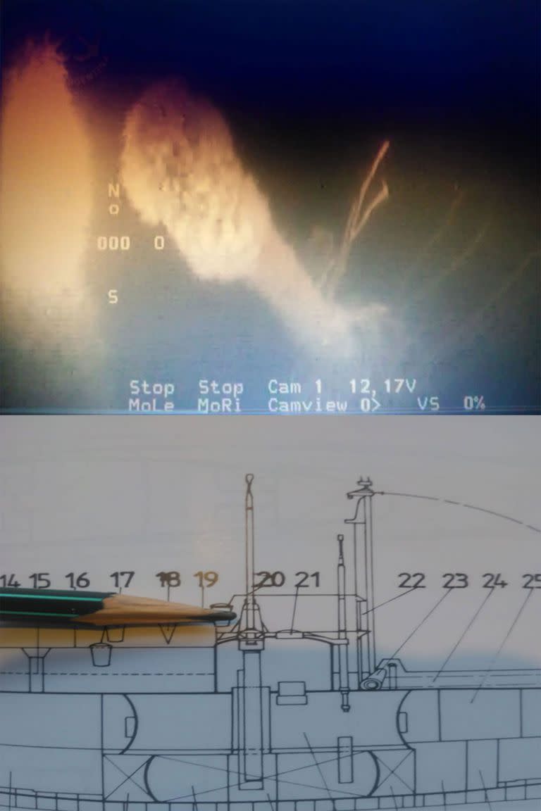 El supuesto periscopio del submarino hallado cerca de Necochea; abajo se indica su ubicación, de acuerdo al plano de un submarino alemán