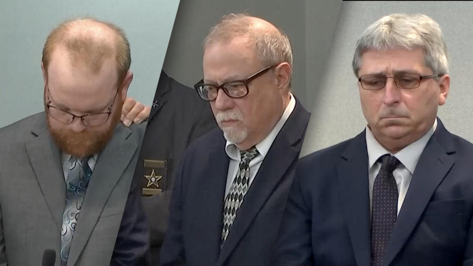 Travis McMichael, Gregory McMichael and William “Roddie” Bryan listen as the verdicts are read. (Court TV via Reuters Video)