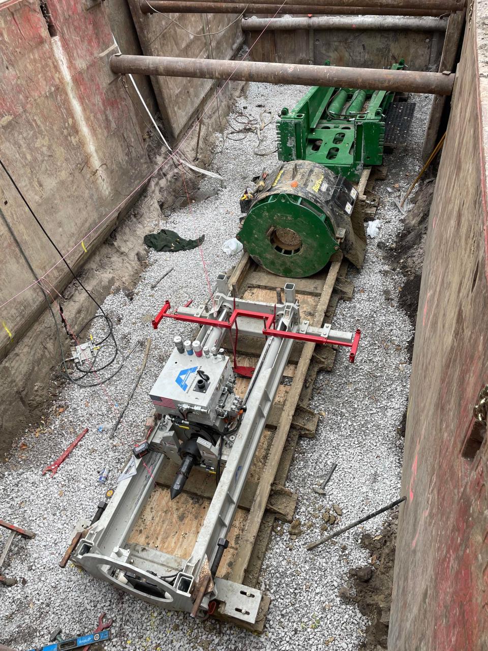 A casing machine for Raw Water Main installation under 13th street. The three new water wells Ames is installing will be connected to the Ames Water Treatment Plant on 13the Street through underground pipes.