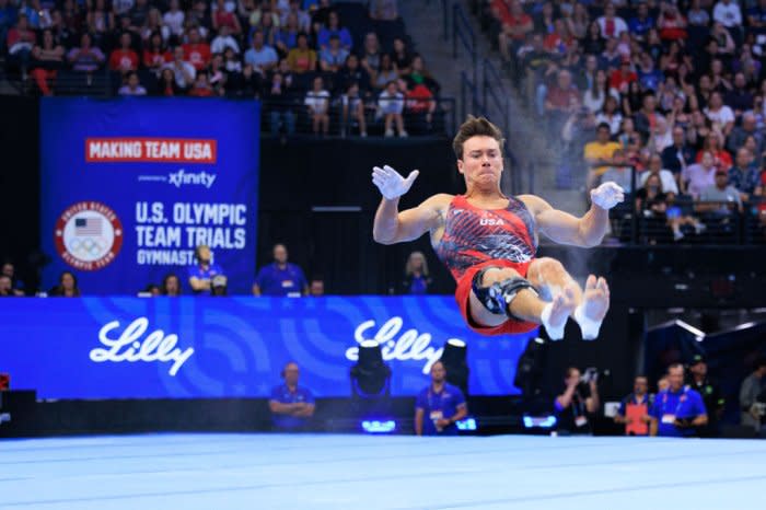 Brody Malone competes in the floor exercise during the Trials.<span class="copyright">Nikolas Liepins—Anadolu/Getty Images</span>