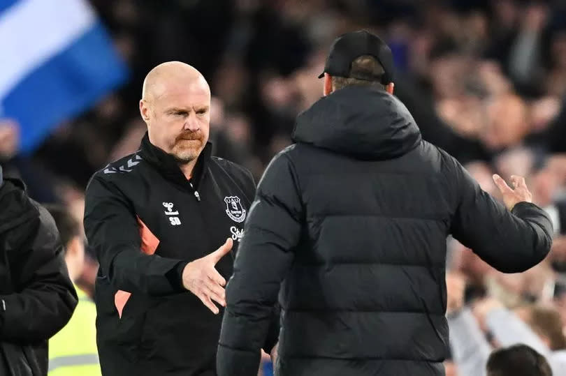 Sean Dyche shakes hands with Jurgen Klopp after the Premier League match between <a class="link " href="https://sports.yahoo.com/soccer/teams/everton/" data-i13n="sec:content-canvas;subsec:anchor_text;elm:context_link" data-ylk="slk:Everton FC;sec:content-canvas;subsec:anchor_text;elm:context_link;itc:0">Everton FC</a> and <a class="link " href="https://sports.yahoo.com/soccer/teams/liverpool/" data-i13n="sec:content-canvas;subsec:anchor_text;elm:context_link" data-ylk="slk:Liverpool FC;sec:content-canvas;subsec:anchor_text;elm:context_link;itc:0">Liverpool FC</a> at Goodison Park on April 24, 2024 -Credit:Photo by Michael Regan/Getty Image