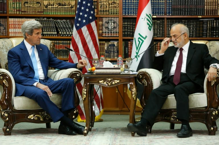 US Secretary of State John Kerry (left) held talks with Iraqi Foreign Minister Ibrahim al-Jaafari in Baghdad, on April 8, 2016