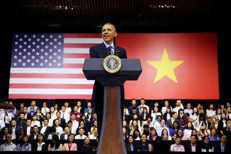 U.S. President Barack Obama attends a town hall meeting with members of the Young Southeast Asian Leaders Initiative (YSEALI) at the GEM Center in Ho Chi Minh City, Vietnam May 25, 2016. REUTERS/Carlos Barria