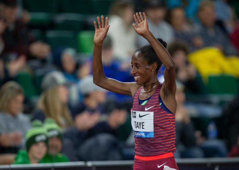 Ejgayehu Taye celebrates her win in the women’s 5,000 metes at the 2022 Prefontaine Classic at Hayward Field Friday, May 27, 2022. 