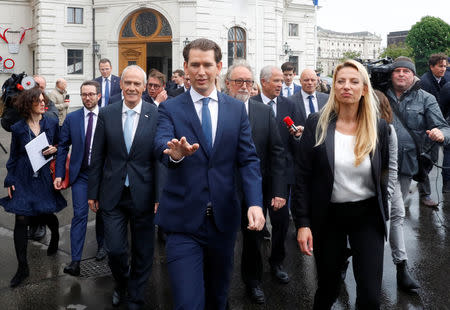 Austria's Chancellor Sebastian Kurz leaves the presidential office after the swearing-in ceremony of the new ministers in Vienna, Austria May 22, 2019. REUTERS/Leonhard Foeger