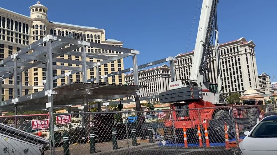 Construction on grandstands in front of the Bellagio on Wednesday, Sept. 20, 2023. (Ryan Matthey / 8NewsNow)