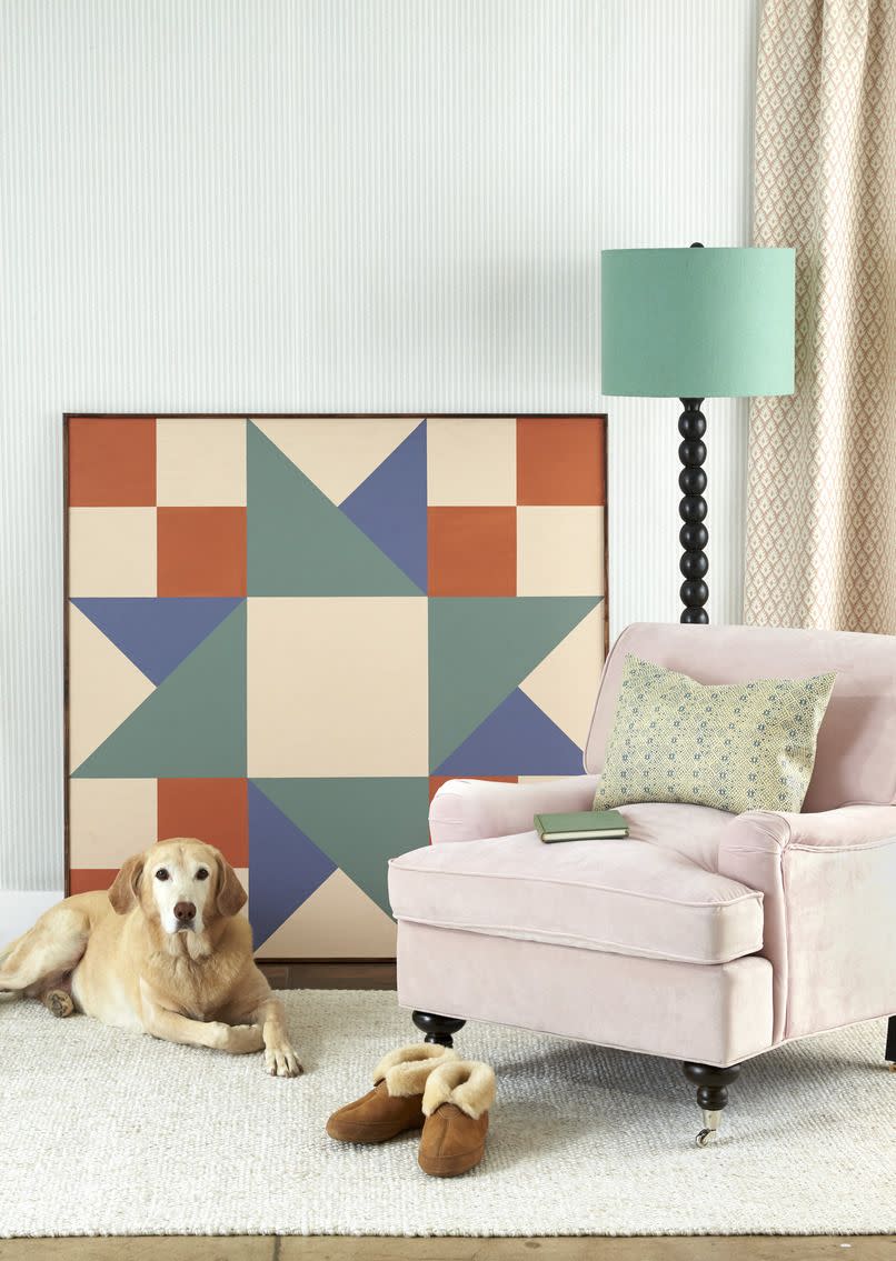 <p>A large-scale piece of painted plywood lends graphic punch to any space. First, cut a piece of plywood to desired size (ours is four feet square). Draw a quilt block (here, Twin Star–style) on the wood with pencil, using a ruler or painter’s tape for straight lines, then paint with acrylic paint. Nail strips of 1/2-inch trim along the edges to finish. Lean or hang on the wall.<br></p>