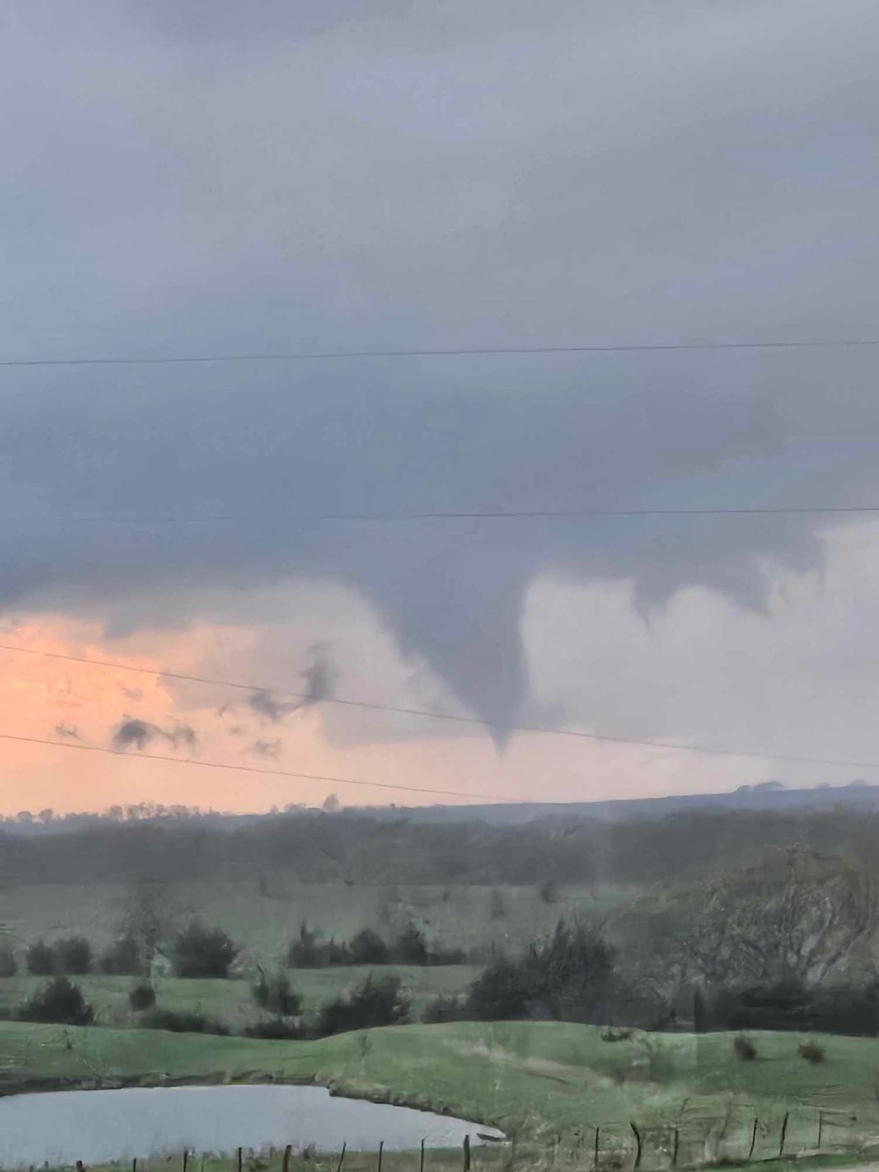 A funnel cloud is seen from Mount Ayr, Iowa on the evening of April 26, 2024. At least 10 tornadoes touched down in central and southern Iowa.