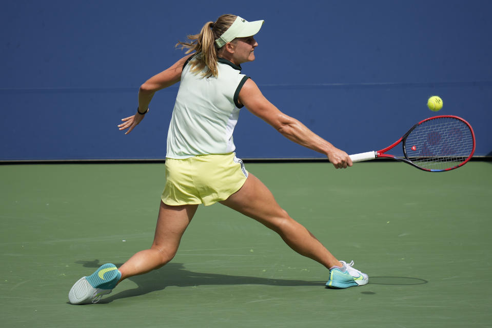 Fiona Ferro, of France, returns a shot to Victoria Azarenka, of Belarus, during the first round of the U.S. Open tennis championships, Monday, Aug. 28, 2023, in New York. (AP Photo/Charles Krupa)