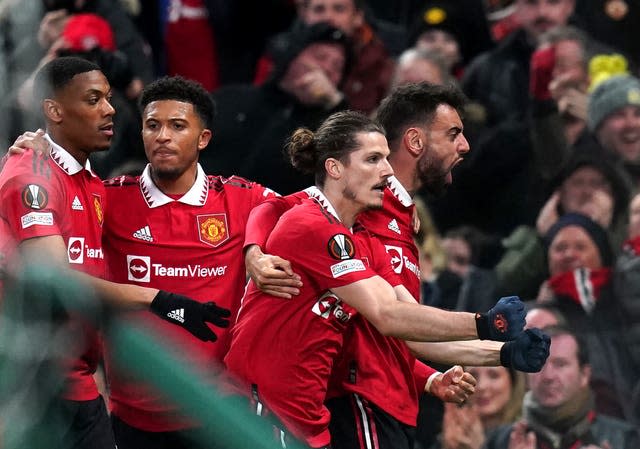 Manchester United’s Marcel Sabitzer (second right) celebrates the opening goal