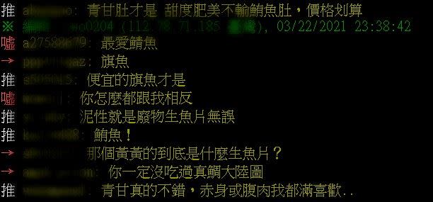 綜合網友留言，最多人認為是「青甘魚」。（圖／翻攝自PTT）