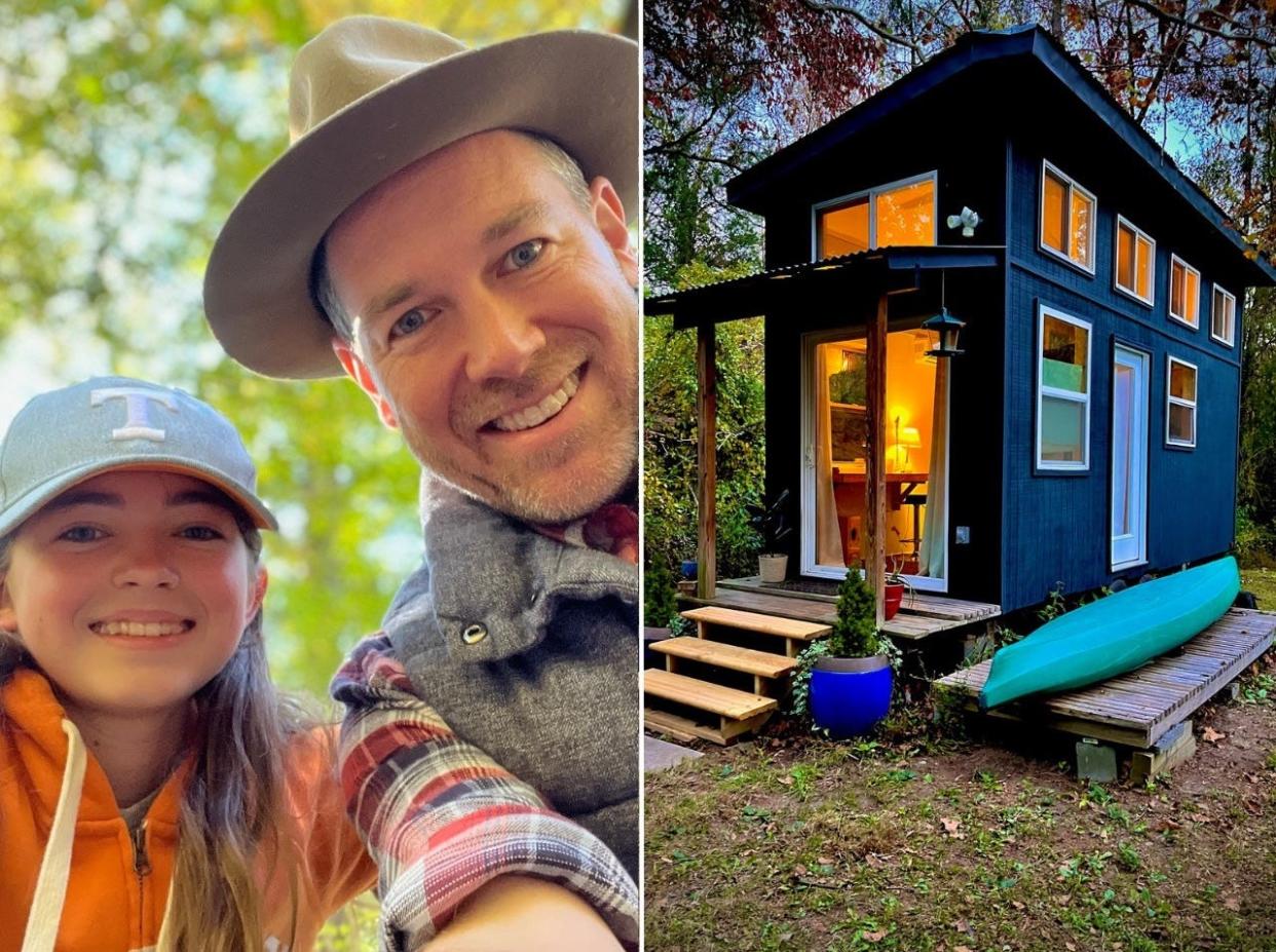 Pearl and Brent Thompson (L) and the tiny home they lived in for five years (R).