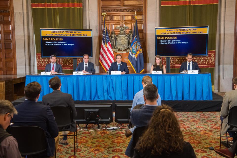 Gov. Andrew Cuomo holds a briefing on coronavirus at the state Capitol on March 15, 2020.