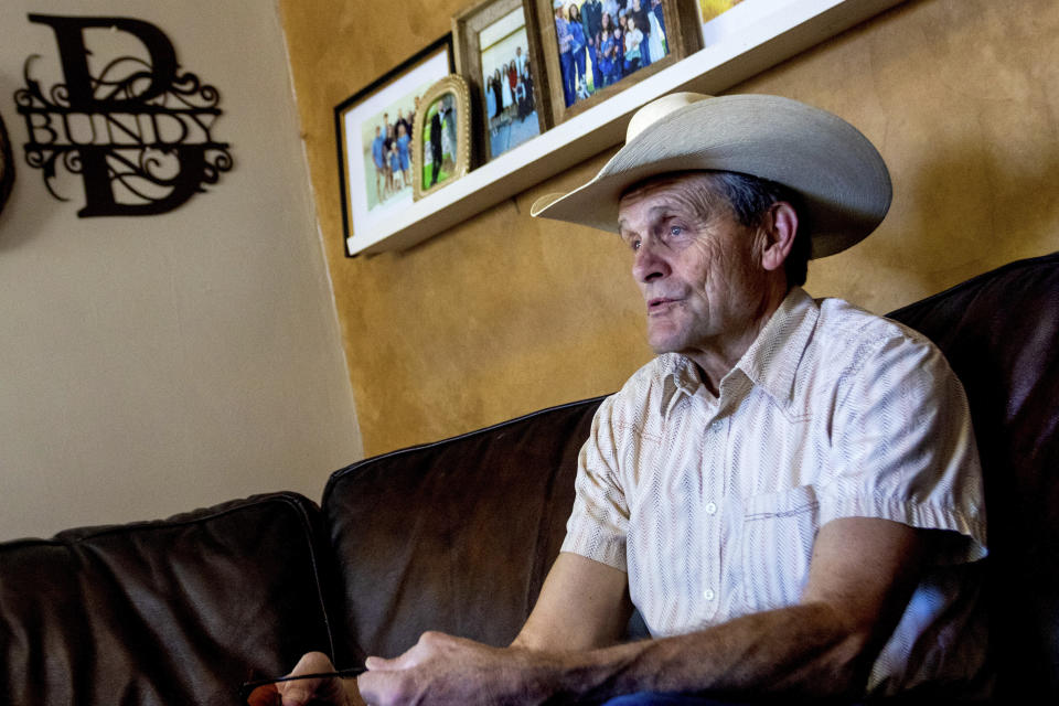 Mike Bronson speaks from the Bundy ranch, Tuesday, April 9, 2024, in Bunkerville, NV. Ten years have passed since hundreds of protesters including armed riflemen answered a family call for help which forced U.S. agents and contract cowboys to abandon an effort to round up family cattle in a dispute over grazing permits and fees. Despite federal prosecutions, no family members were convicted of a crime. (AP Photo/Ty ONeil)