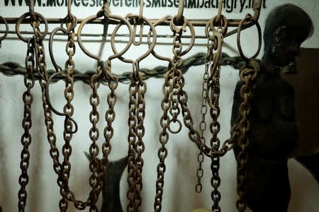 An original slave chain that dates from the 18th century that was captured from a slave ship is seen on display at the Mobee Royal Family Slave Relics Museum in Badagry