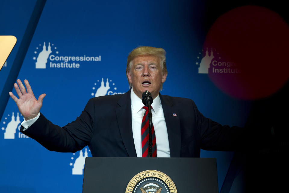 President Donald Trump speaks at the 2019 House Republican Conference Member Retreat Dinner in Baltimore, Thursday, Sept. 12, 2019. (AP Photo/Jose Luis Magana)