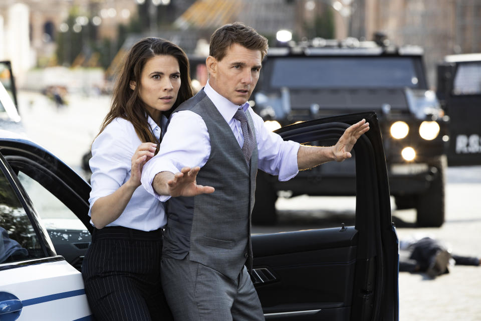 This image released by Paramount Pictures shows Hayley Atwell, left, and Tom Cruise in "Mission: Impossible Dead Reckoning - Part One." (Christian Black/Paramount Pictures and Skydance via AP)