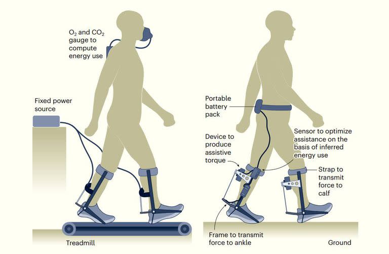 Entrenamiento de un exoesqueleto de piernas dentro del laboratorio (izquierda) y fuera, en el mundo real (derecha)
